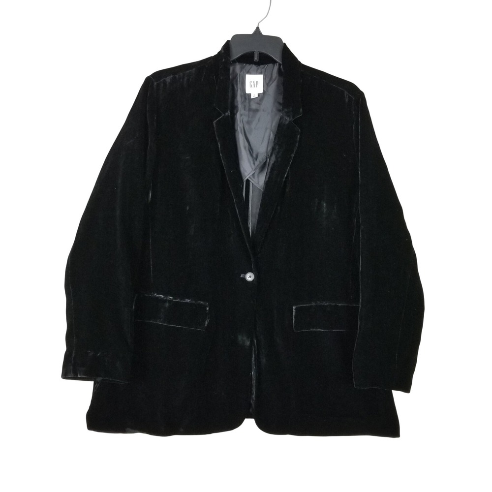 GAP Blazer Women XL Black Silk Blend Velvet Single Button Notched Lapel Pocket
